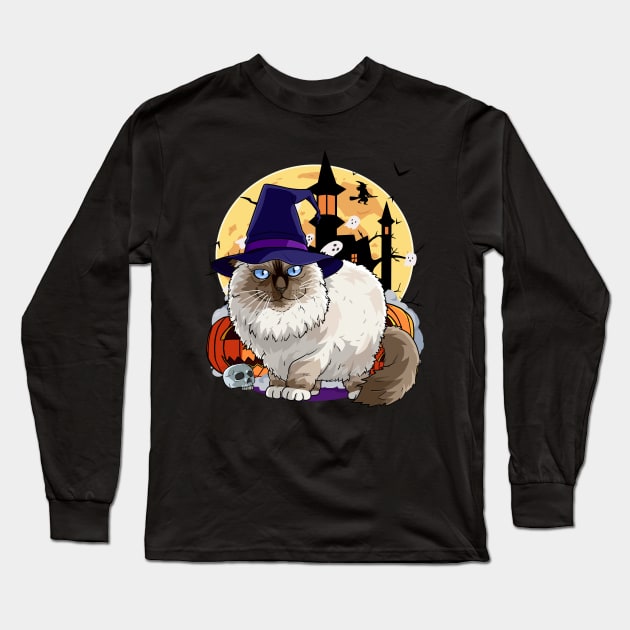 Birman Cat Funny Halloween Witch Pumpkin Long Sleeve T-Shirt by Noseking